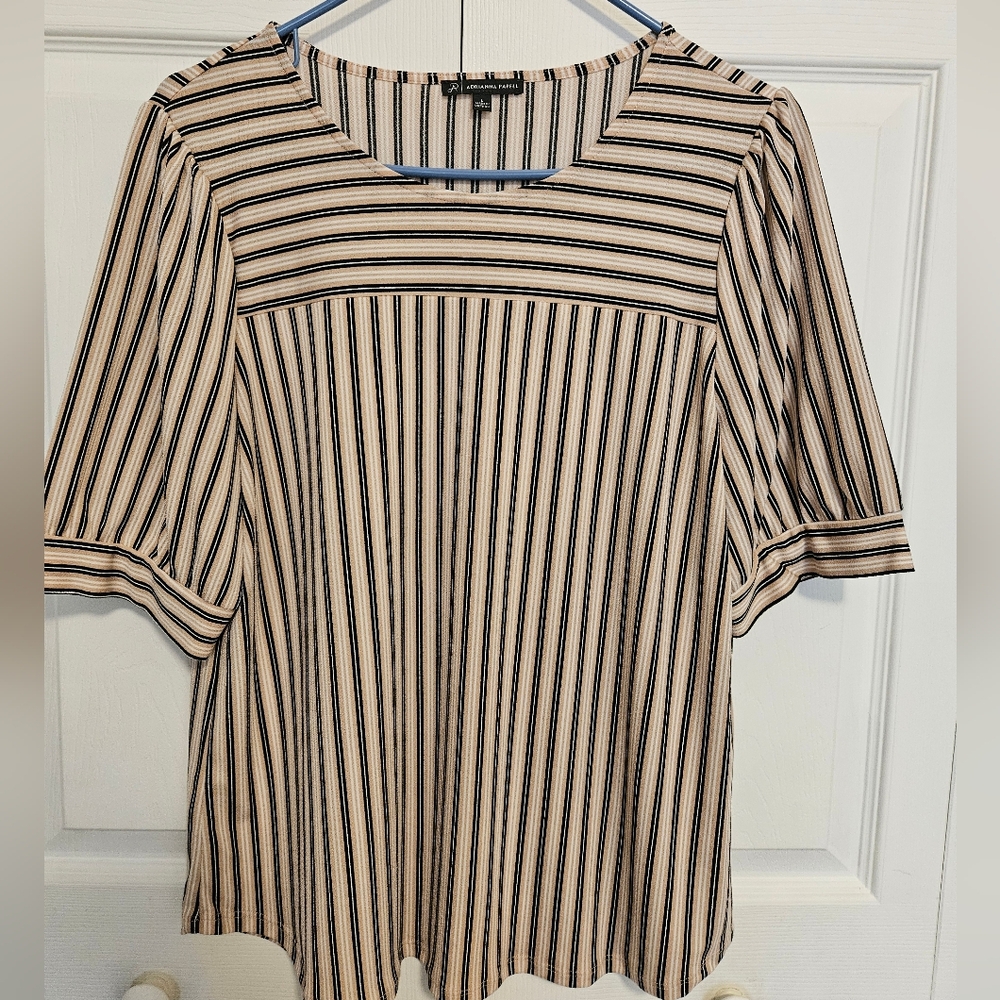 Adrianna Papell Flowy Tan Cream And Black Strip Blouse Womens Size L